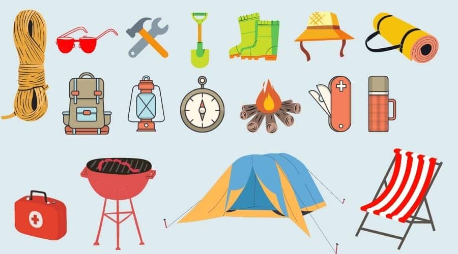 cartoon list of camping gears
