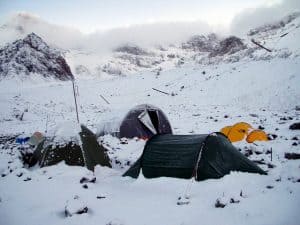camping tents, mountain with snow