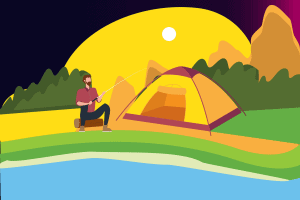 man sit with a tent cartoon